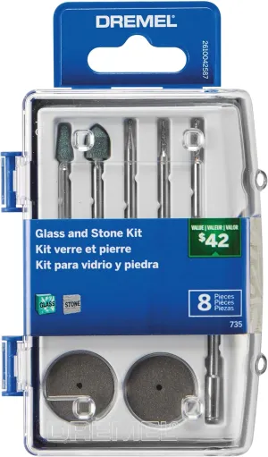 Dremel 735-01 Glass Etching Rotary Tool Accessories Kit - 8 Piece Set - Includes Grinding Stones, Polishing Disc, and Diamond Drill Bit, Blue