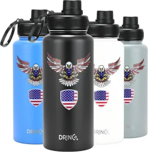 DRINCO Stainless Steel Water Bottle Spout Lid Vacuum Insulated Double Wall Water Bottle USA Flag Military Veteran (32oz Eagle Black, 32oz)
