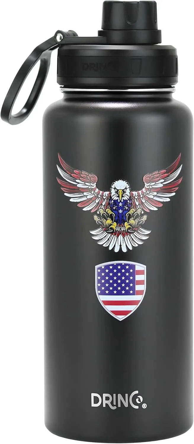 DRINCO Stainless Steel Water Bottle Spout Lid Vacuum Insulated Double Wall Water Bottle USA Flag Military Veteran (32oz Eagle Black, 32oz)