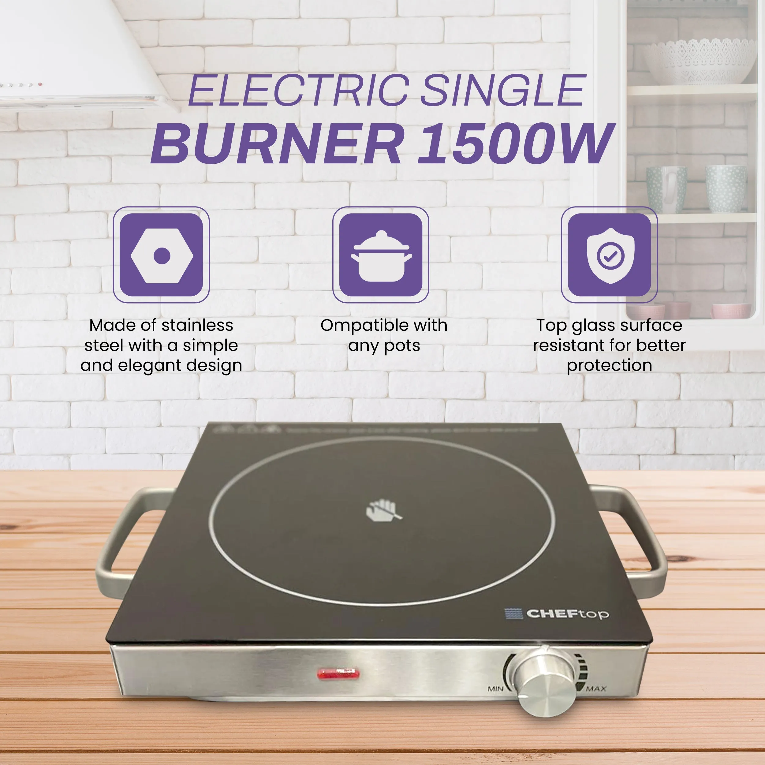 DrinkPod Hot Plate Electric Single Burner 1500W Portable Burner for Cooking with Adjustable Temperature & Stay Cool Handles, Stainless Steel Easy To Clean, Non-Slip Rubber Feet, Compatible for All Cookwares