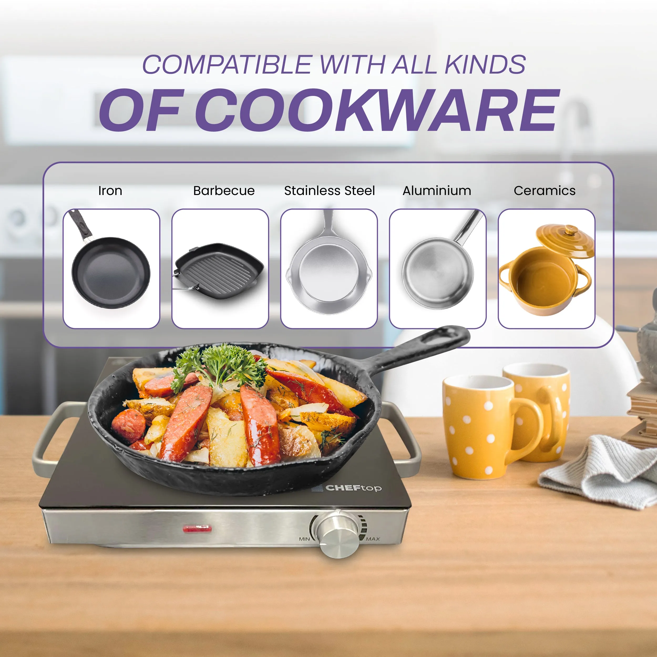 DrinkPod Hot Plate Electric Single Burner 1500W Portable Burner for Cooking with Adjustable Temperature & Stay Cool Handles, Stainless Steel Easy To Clean, Non-Slip Rubber Feet, Compatible for All Cookwares