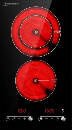 Dual Coil Design of Infrared Double Burner, 1800W Electric Ceramic Hot Plate for Cooking, 2 Burner Cooker Portable Countertop or 24inch Built-in Cooktop Radiant Stove Top, Compatible with All Cookware