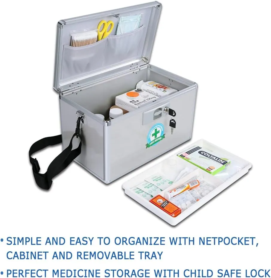 Durable Empty Medicine Box Storage Box Lock Box for Storage Collection Organization Portable Lockable with Removable Sticker Tray Shoulder Strap (Medium)