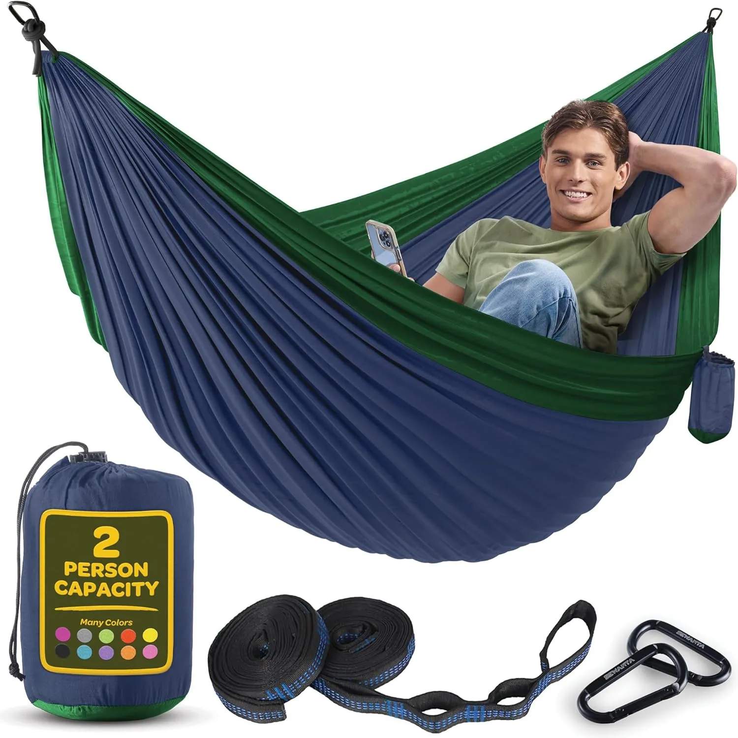 Durable Hammock 500 lb Capacity, Nylon Camping Hammock Chair - Double or Single Sizes w/Tree Straps and Attached Carry Bag - for Travel/Backpacking/Beach/Backyard (Large, Dark Blue & Forest Green)