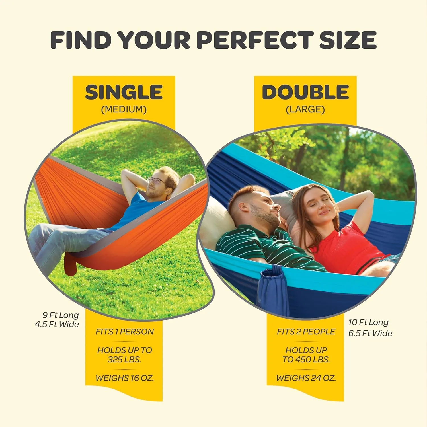 Durable Hammock 500 lb Capacity, Nylon Camping Hammock Chair - Double or Single Sizes w/Tree Straps and Attached Carry Bag - Portable for Travel/Backpacking/Beach/Backyard (Large, Black & Light Grey)