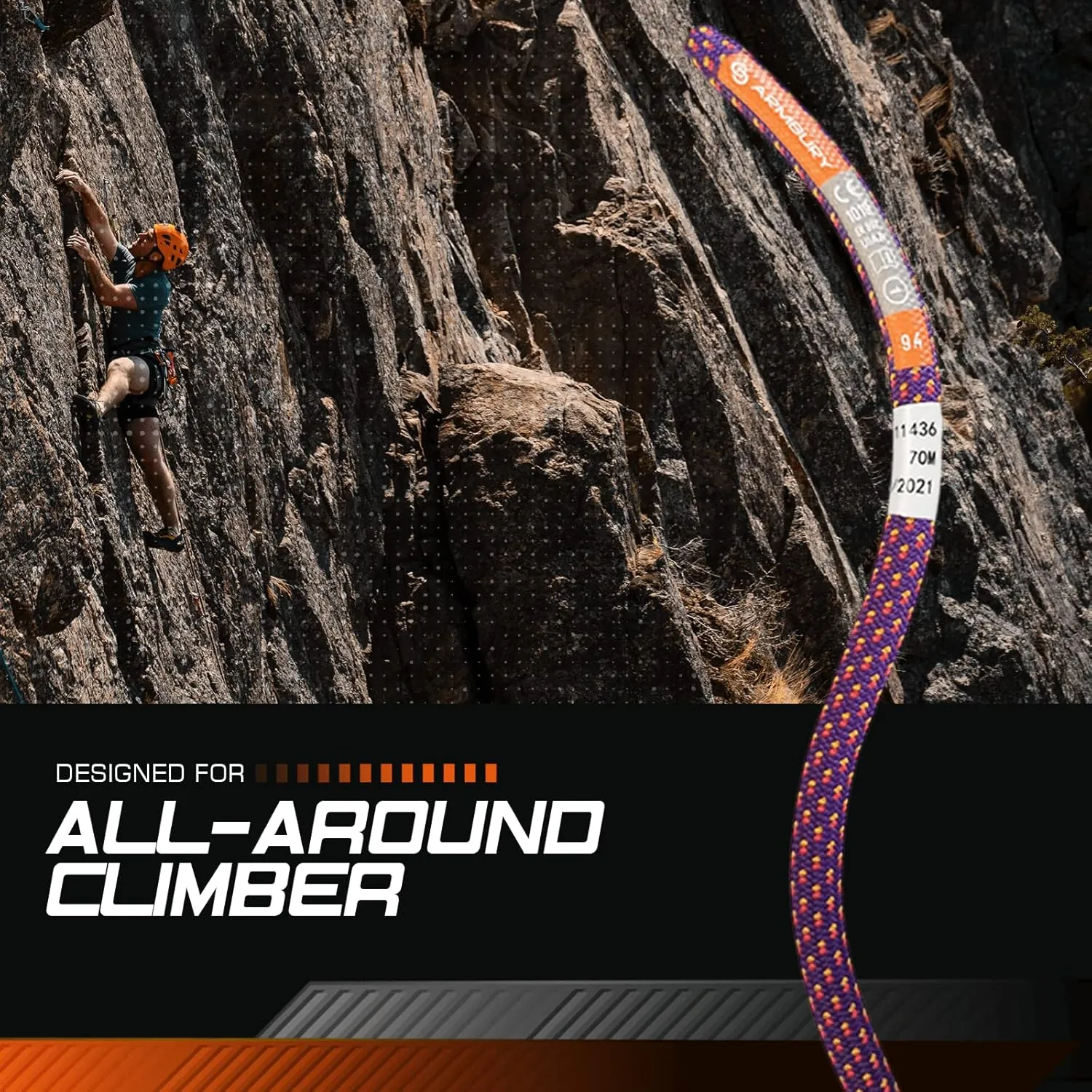 Dynamic Rage Climbing Rope - 9.4mm High Strength Single Climbing Safety Rope Ideal for Sport Rock and Ice Climbing