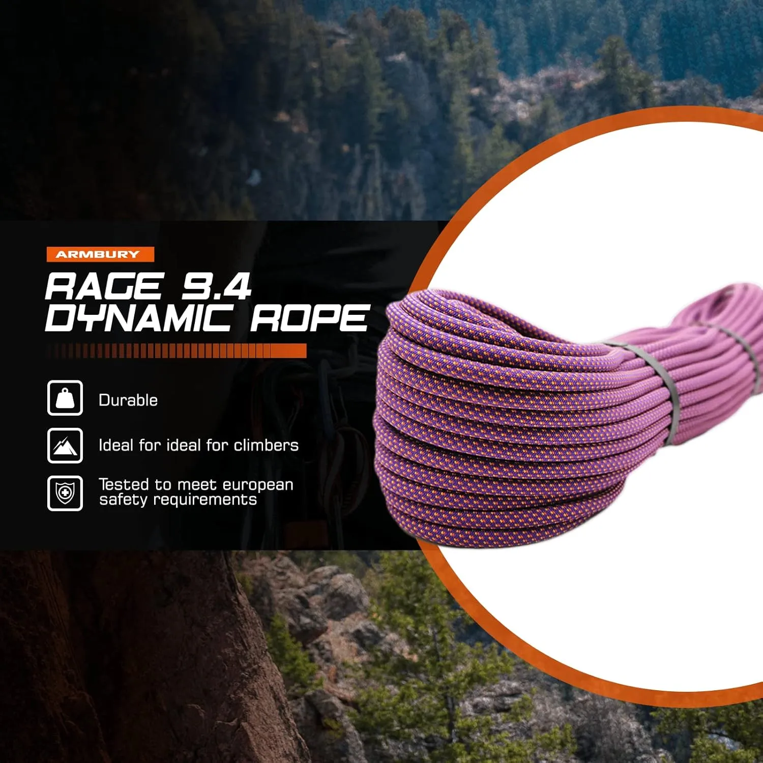 Dynamic Rage Climbing Rope - 9.4mm High Strength Single Climbing Safety Rope Ideal for Sport Rock and Ice Climbing