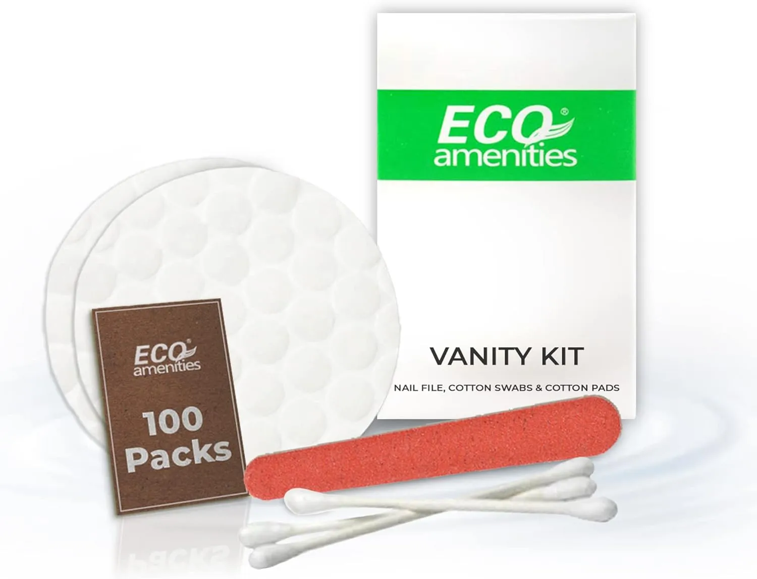 ECO Amenities Hotel Vanity Set, Travel Cotton Pads, Cotton Swabs, and Nail File Packed in Individually Wrapped Paper Box, 100 Sets per Case