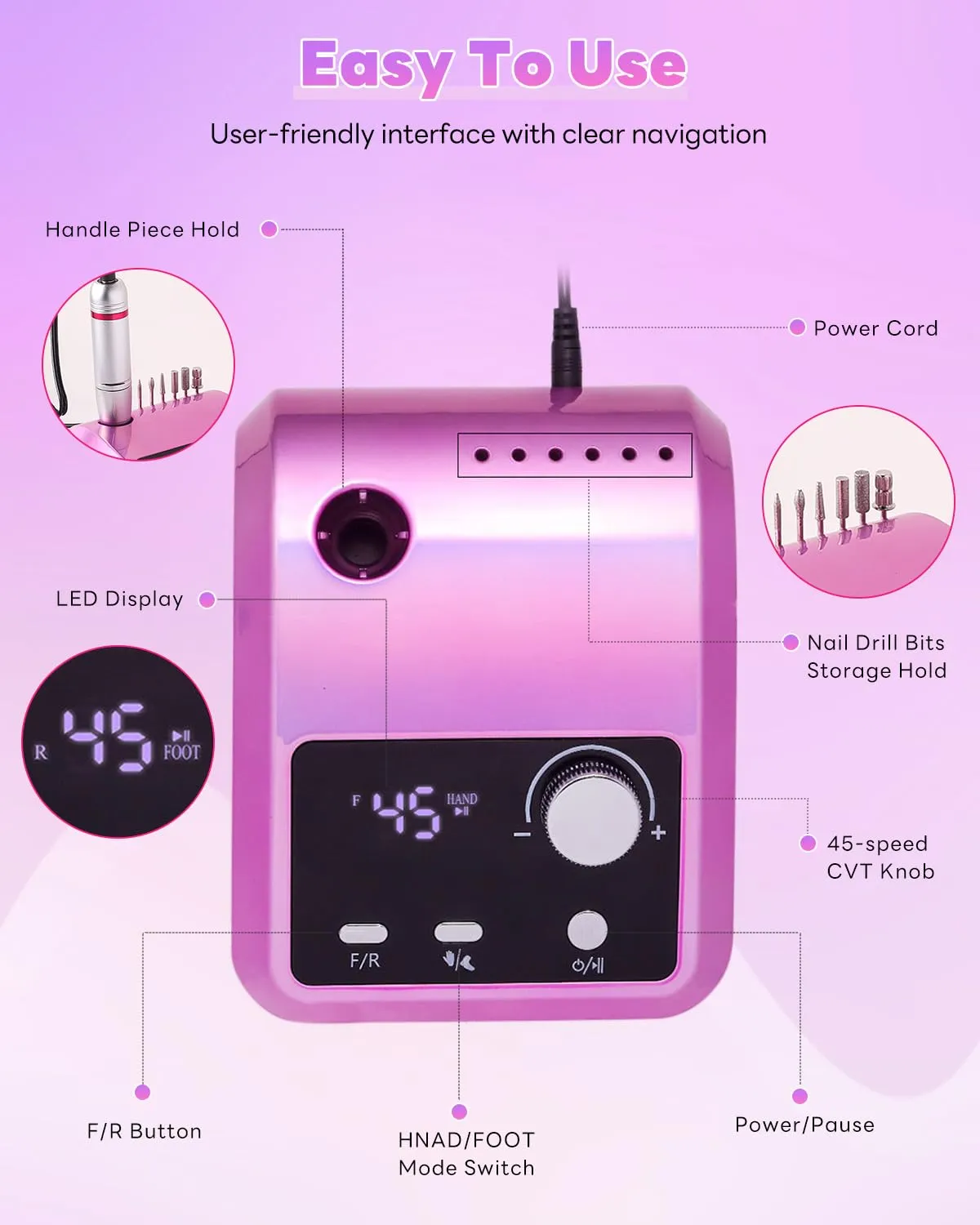 Electric Nail Drill Professional: 45000 RPM Nail File Kit Machine with LCD Display, Hand & Foot Control Low Noise for Acrylic, Gel Nails, Manicure & Pedicure - Salon & Home Use (Dazzle)