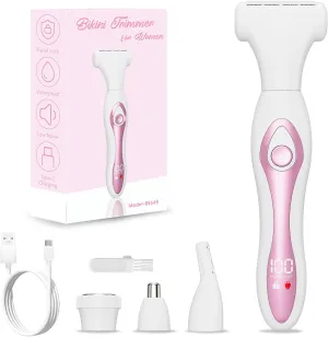 Electric Razors for Women, Bikini Trimmer 4-in-1 Cordless Lady Shaver, Wet/Dry Hair Remover with LED Display – Painless Grooming Kit for Nose, Body & Intimate Areas