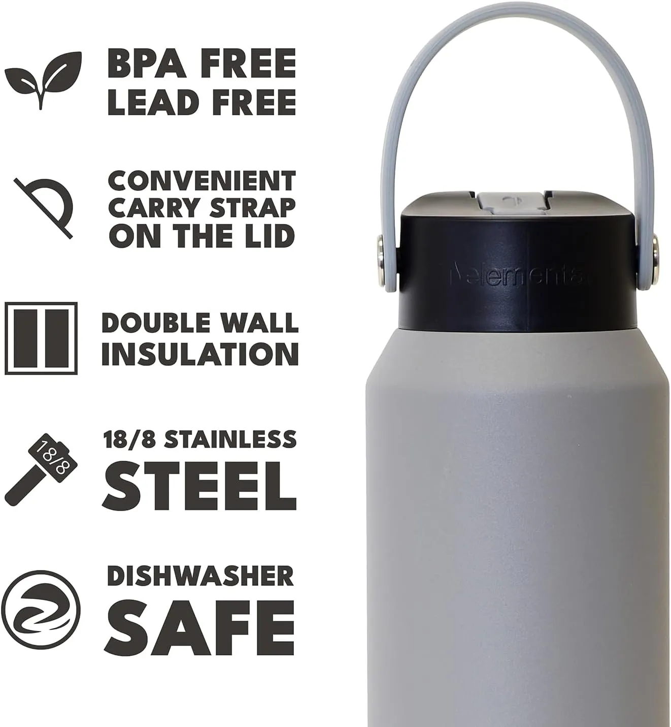 Elemental Core Stainless Steel Water Bottle with Straw - Leak Proof Double Wall Insulated Water Bottles for Travel, Sports and Gym - BPA Free Sport Thermos with Flip-up Straws - 40oz, Graphite