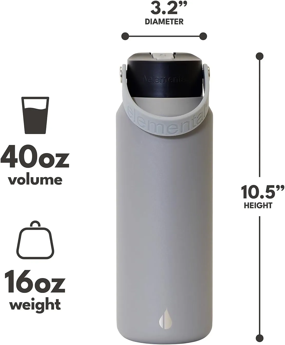 Elemental Core Stainless Steel Water Bottle with Straw - Leak Proof Double Wall Insulated Water Bottles for Travel, Sports and Gym - BPA Free Sport Thermos with Flip-up Straws - 40oz, Graphite
