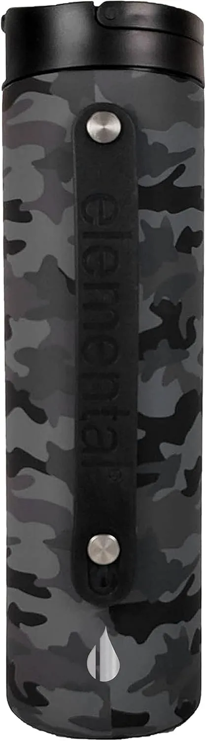 Elemental Iconic Stainless Steel Water Bottle with Straw - 20 oz Leak Proof Triple Wall Insulated Water Bottles for Travel and Sports - Reusable Gym Water Bottle with 2 Straws - Black Camo