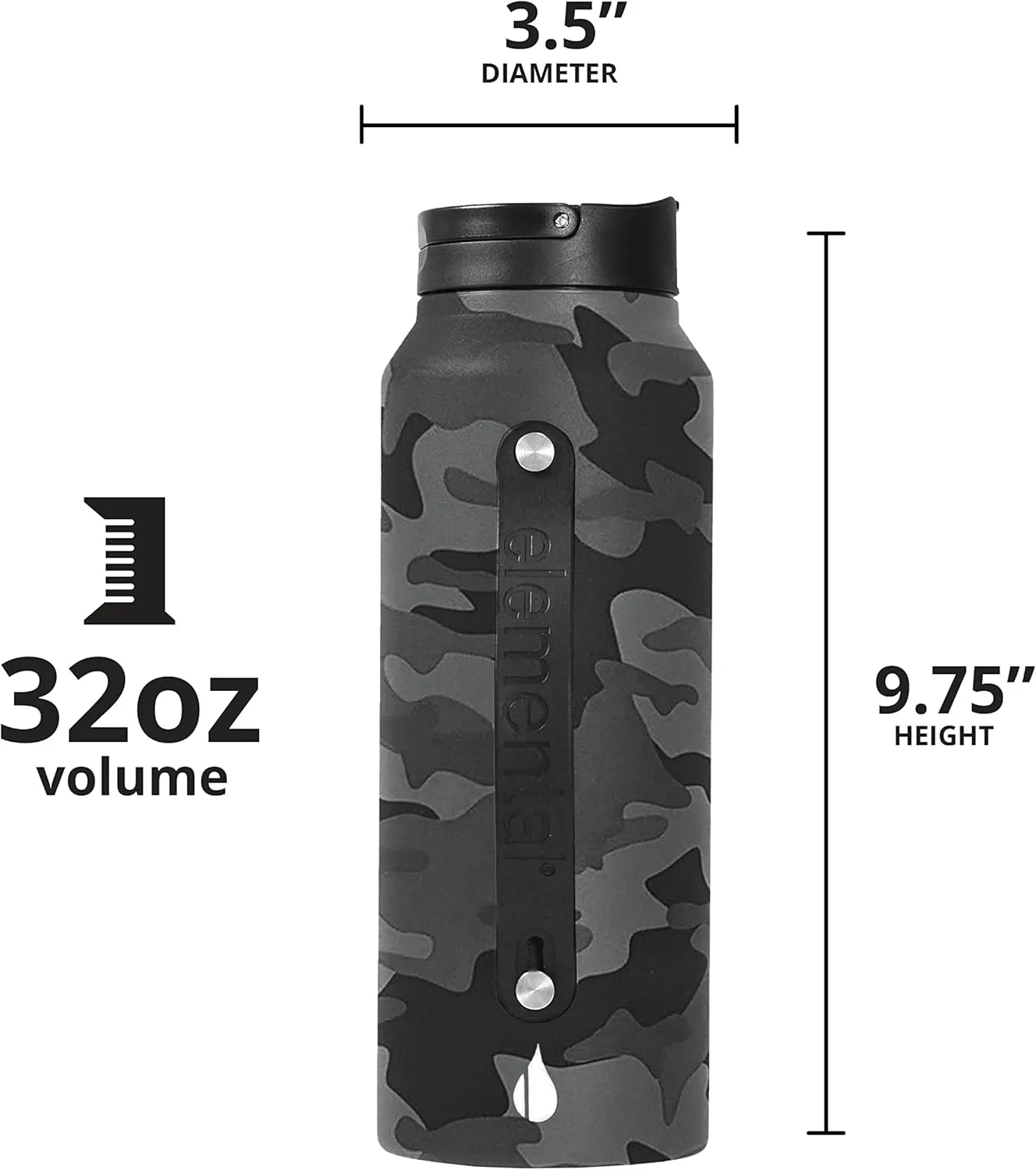 Elemental Iconic Stainless Steel Water Bottle with Straw - 32 oz Leak Proof Triple Wall Insulated Water Bottles for Travel and Sports - Reusable Gym Water Bottle with 2 Straws - Black Camo