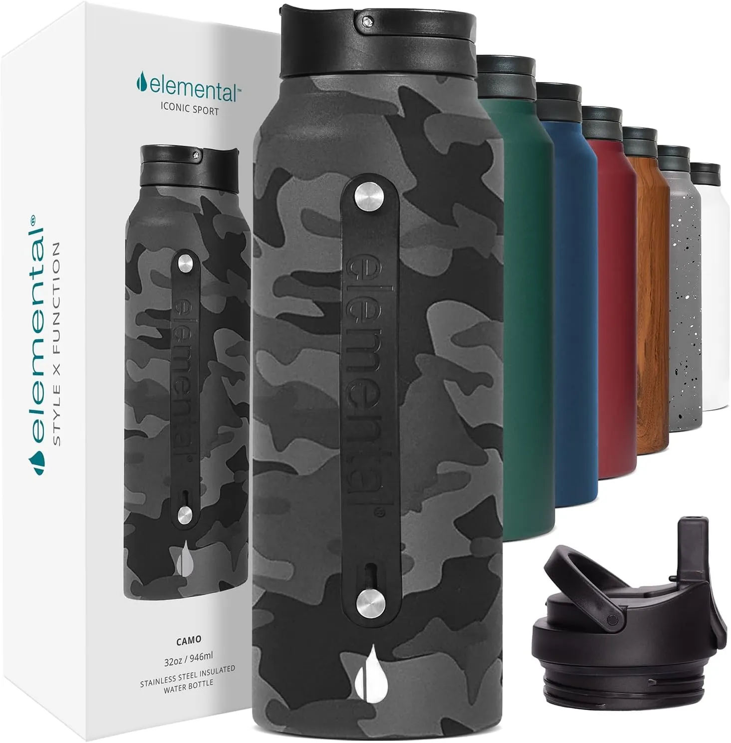 Elemental Iconic Stainless Steel Water Bottle with Straw - 32 oz Leak Proof Triple Wall Insulated Water Bottles for Travel and Sports - Reusable Gym Water Bottle with 2 Straws - Black Camo