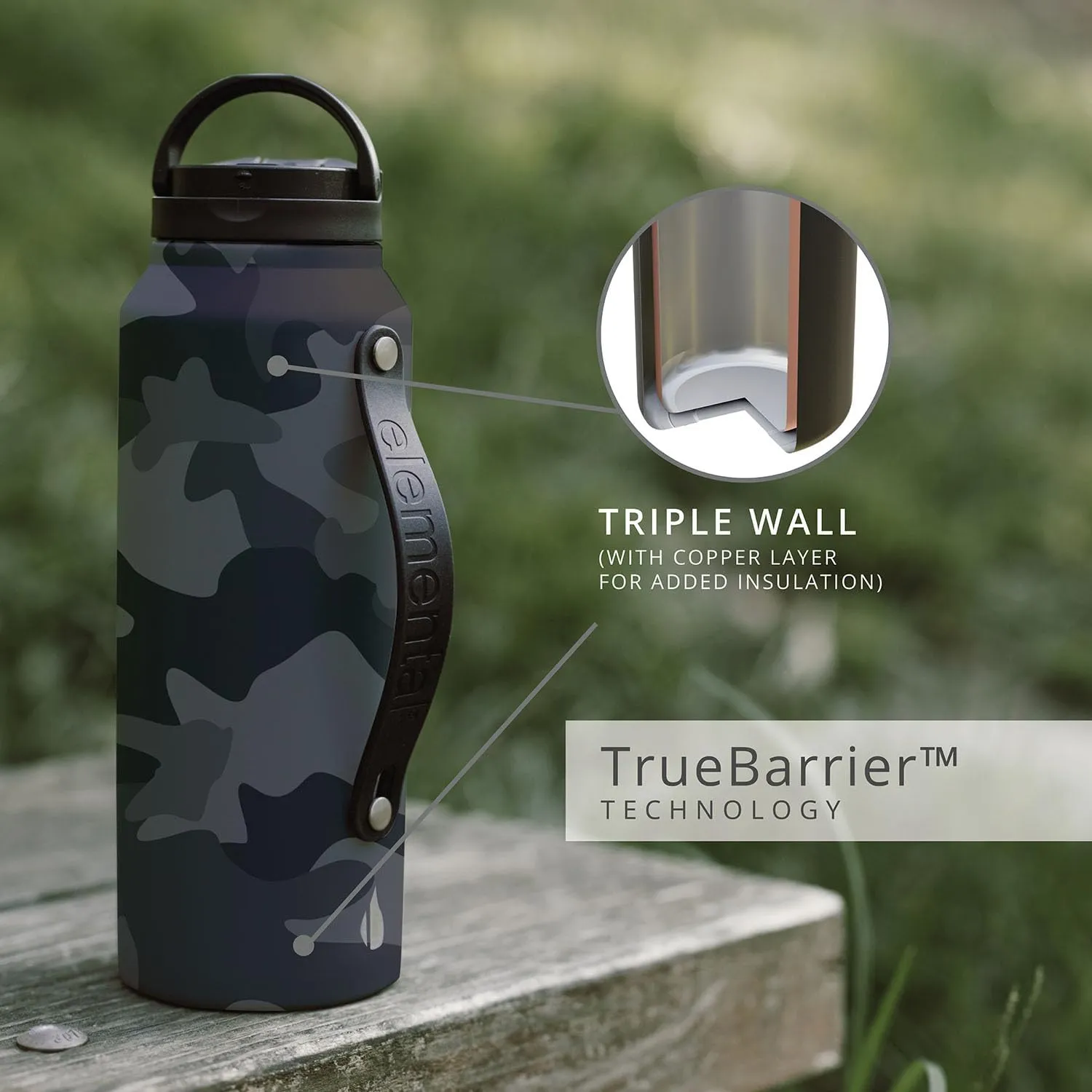 Elemental Iconic Stainless Steel Water Bottle with Straw - 32 oz Leak Proof Triple Wall Insulated Water Bottles for Travel and Sports - Reusable Gym Water Bottle with 2 Straws - Black Camo