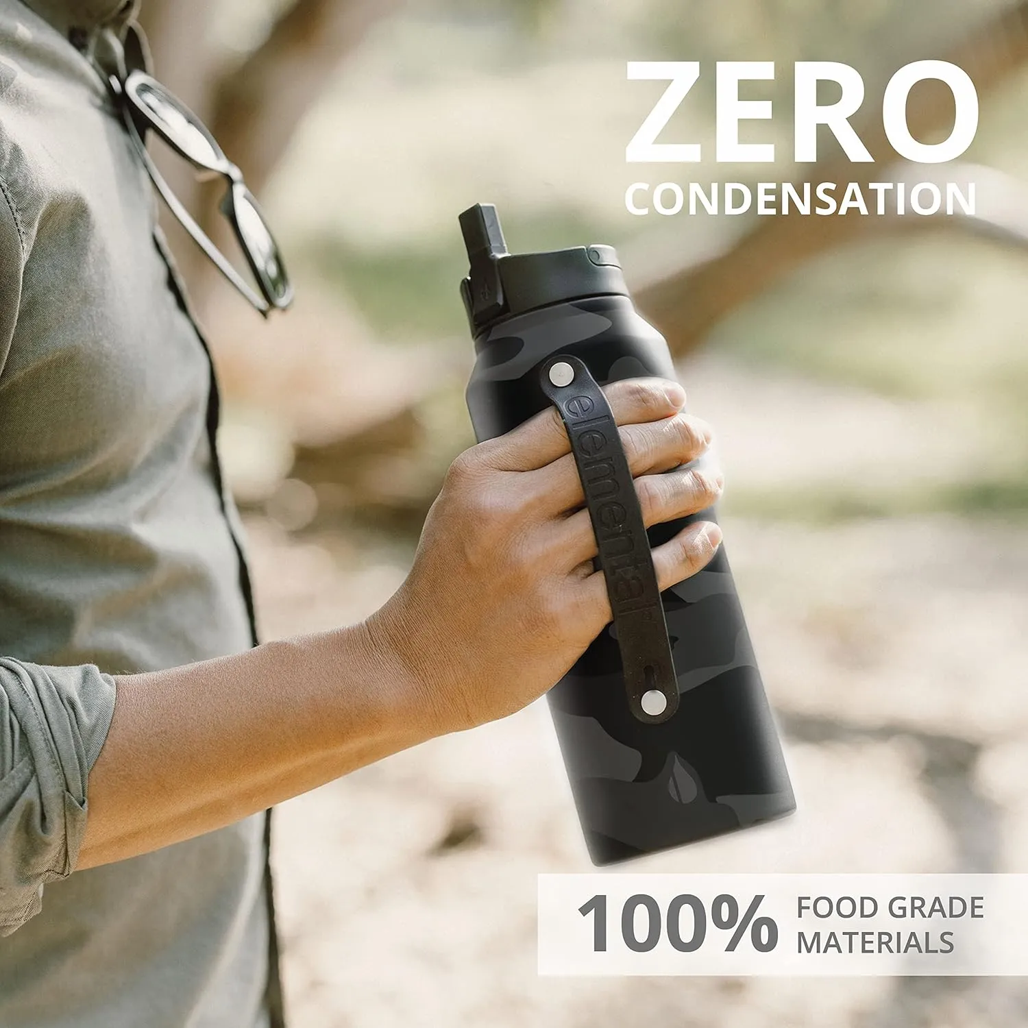 Elemental Iconic Stainless Steel Water Bottle with Straw - 32 oz Leak Proof Triple Wall Insulated Water Bottles for Travel and Sports - Reusable Gym Water Bottle with 2 Straws - Black Camo