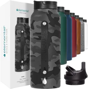 Elemental Iconic Stainless Steel Water Bottle with Straw - 32 oz Leak Proof Triple Wall Insulated Water Bottles for Travel and Sports - Reusable Gym Water Bottle with 2 Straws - Black Camo