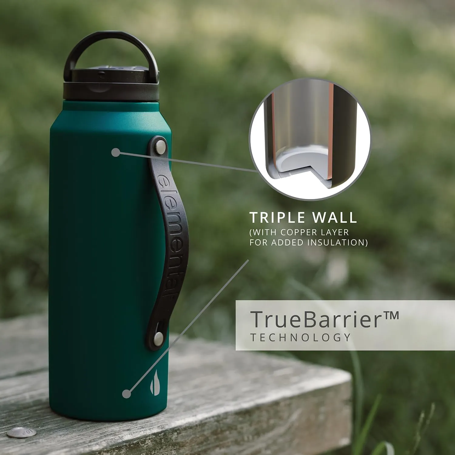 Elemental Iconic Stainless Steel Water Bottle with Straw - 32 oz Leak Proof Triple Wall Insulated Water Bottles for Travel and Sports - Reusable Gym Water Bottle with 2 Straws - Forest Green