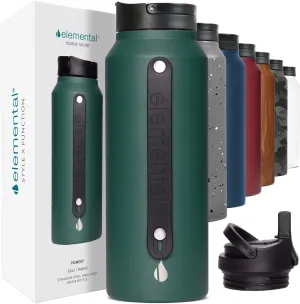 Elemental Iconic Stainless Steel Water Bottle with Straw - 32 oz Leak Proof Triple Wall Insulated Water Bottles for Travel and Sports - Reusable Gym Water Bottle with 2 Straws - Forest Green
