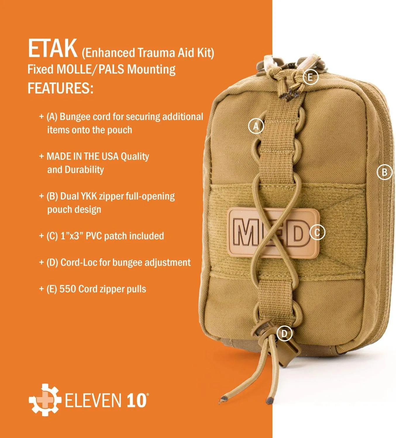 Eleven 10 ETAK (Enhanced Trauma Aid Kit) MOLLE Attachment, Ranger Green, Full Medical Kit