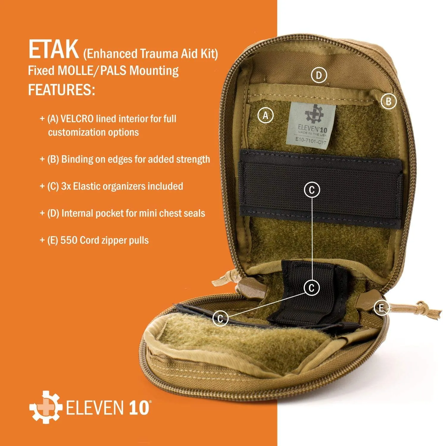 Eleven 10 ETAK (Enhanced Trauma Aid Kit) MOLLE Attachment, Ranger Green, Full Medical Kit