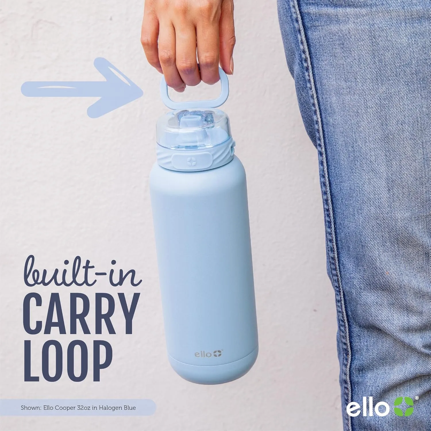 Ello Cooper 22oz Stainless Steel Water Bottle with 2 Lids Chug and Straw | Leak Proof Double Walled and Vacuum Insulated | Fits Car Cupholder | Built in Carry Loop | Dishwasher Safe | Sage