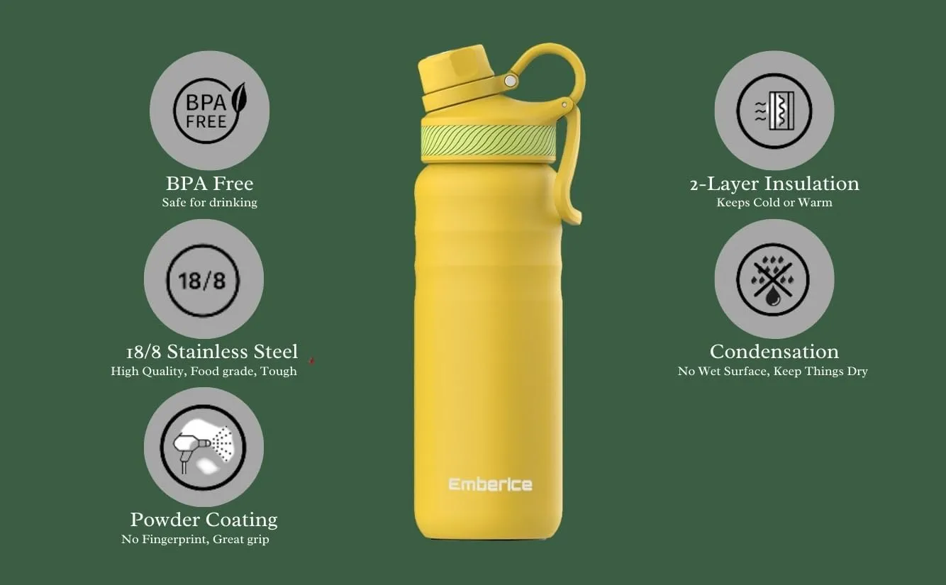 EmberIce double wall Insulated Stainless Steel Water Bottle with Straw, Lid, 12hr Hot and 24hr Cold Drinks, 24 oz (Yellow, 24 oz)