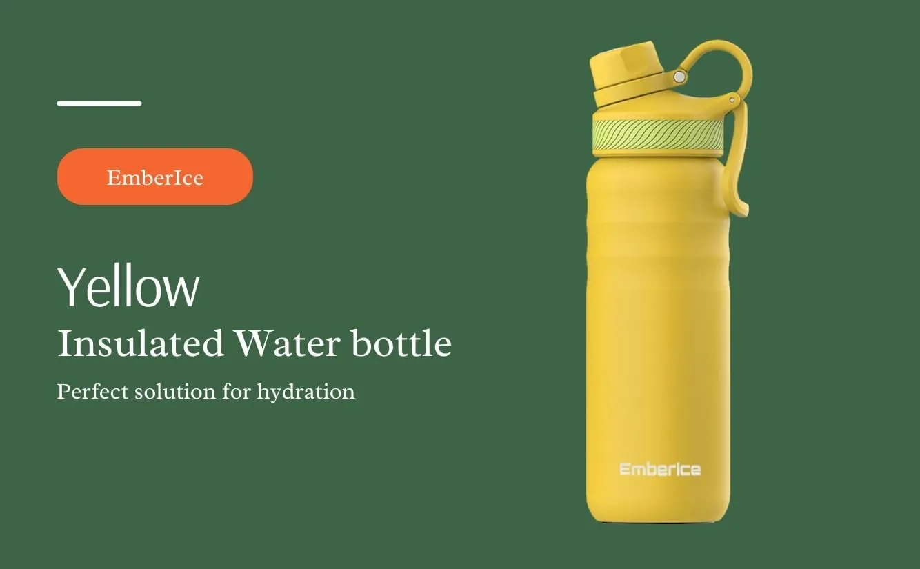 EmberIce double wall Insulated Stainless Steel Water Bottle with Straw, Lid, 12hr Hot and 24hr Cold Drinks, 24 oz (Yellow, 24 oz)