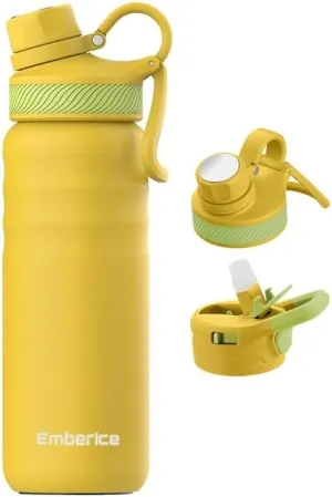EmberIce double wall Insulated Stainless Steel Water Bottle with Straw, Lid, 12hr Hot and 24hr Cold Drinks, 24 oz (Yellow, 24 oz)