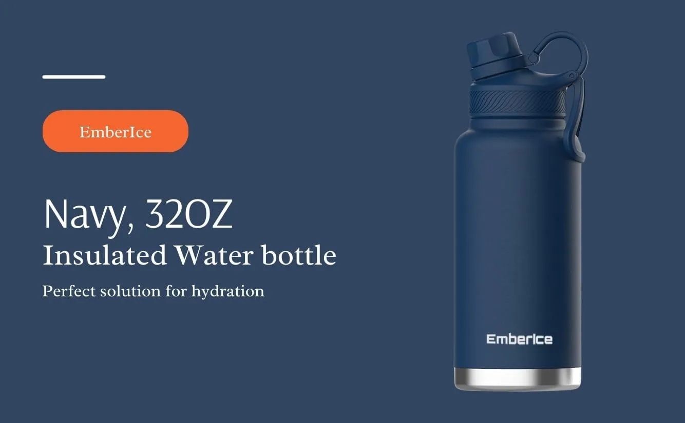 EmberIce double wall Insulated Stainless Steel Water Bottle with Straw, Lid, 12hr Hot and 24hr Cold Drinks, 32 oz (Navy, 32 oz)