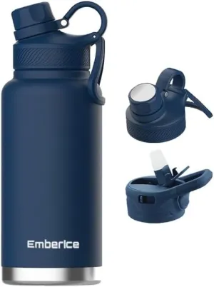 EmberIce double wall Insulated Stainless Steel Water Bottle with Straw, Lid, 12hr Hot and 24hr Cold Drinks, 32 oz (Navy, 32 oz)