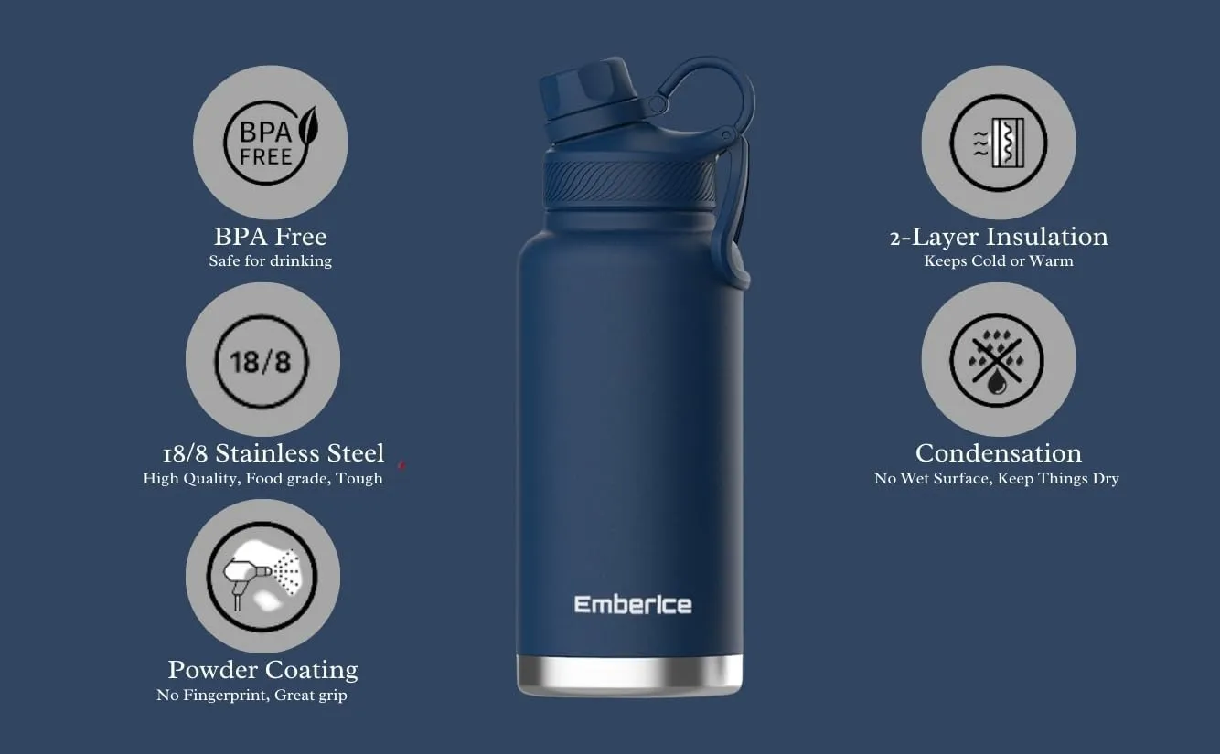 EmberIce double wall Insulated Stainless Steel Water Bottle with Straw, Lid, 12hr Hot and 24hr Cold Drinks, 32 oz (Navy, 32 oz)