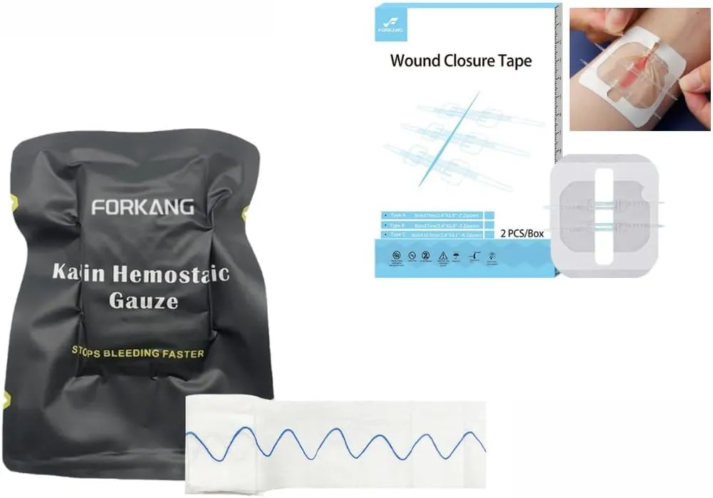 Emergency Wound Closure & Blood Clotting Bundle | Trauma First Aid Kit Compontent for Deep Cuts, Burns, Bleeding | Sterile Butterfly Bandage Zipper 2PCS (2 Zipper/PC)  Hemostatic Combat Gauze 2.95x59