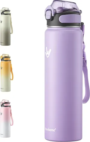 Enerbone Insulated Water Bottle, 32 oz Stainless Steel Water Bottles with Carrying Strap, Double-Wall Vacuum Insulation Thermos, Leakproof Sports Bottle with Straw, Keep Drinks Hot or Cold for Hours