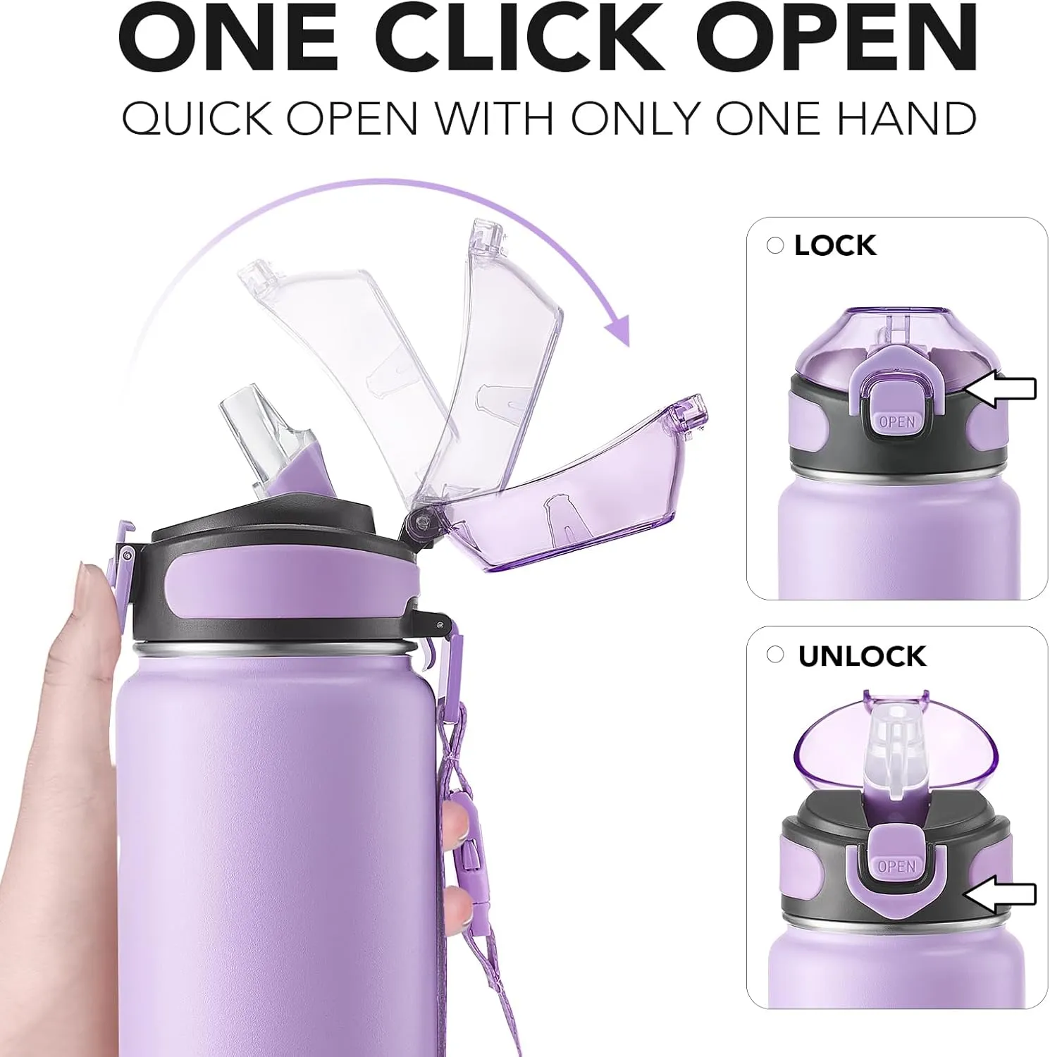 Enerbone Insulated Water Bottle, 32 oz Stainless Steel Water Bottles with Carrying Strap, Double-Wall Vacuum Insulation Thermos, Leakproof Sports Bottle with Straw, Keep Drinks Hot or Cold for Hours
