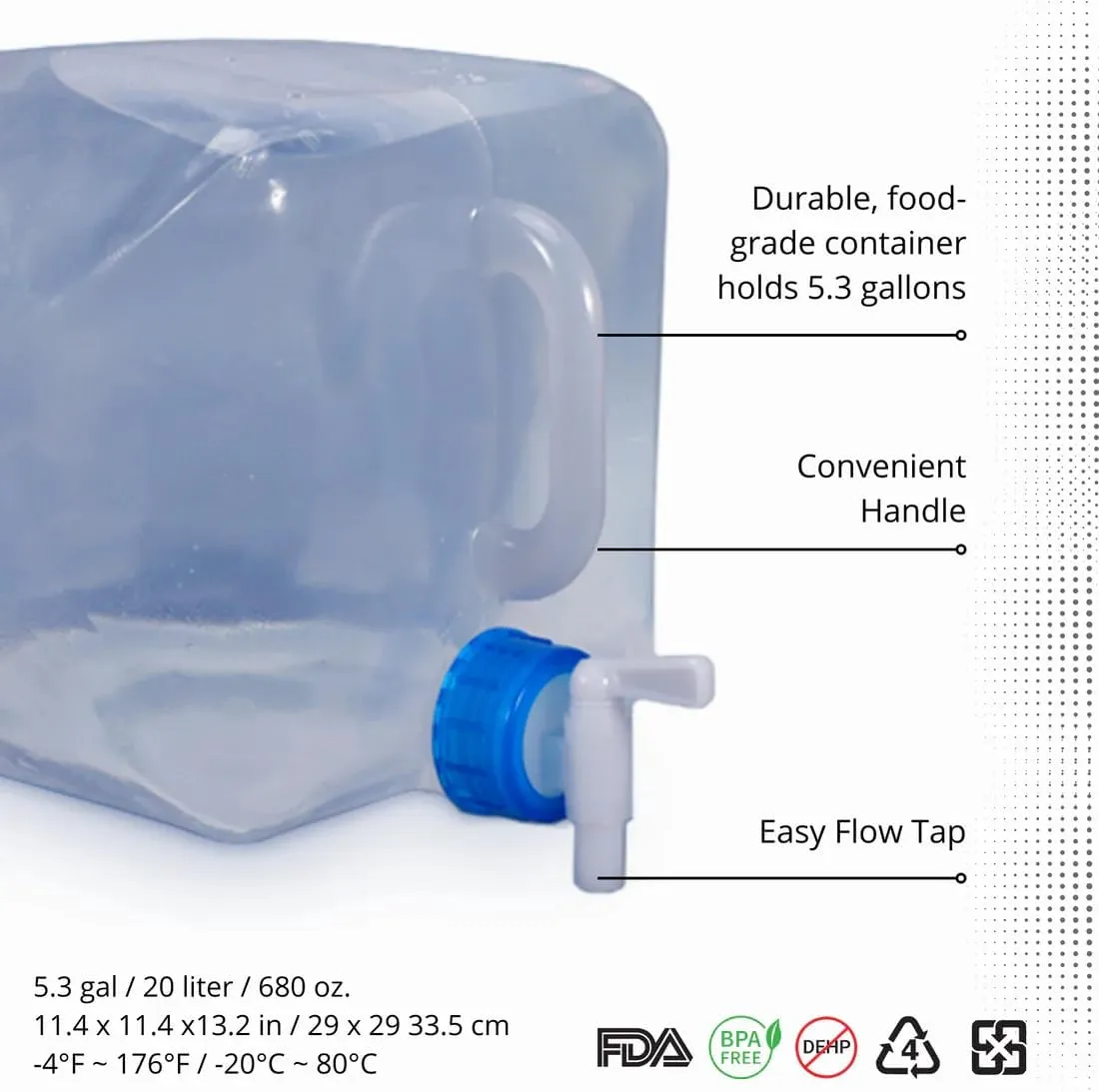 EvaClean Collapsible Water Containers with Spigot 5.3 Gal - Portable, Reusable - BPA Free, Foldable, Leak-Proof Camping Water Jug for Outdoors, Hiking, Survival Kit, and Emergency Preparedness 4-Pack
