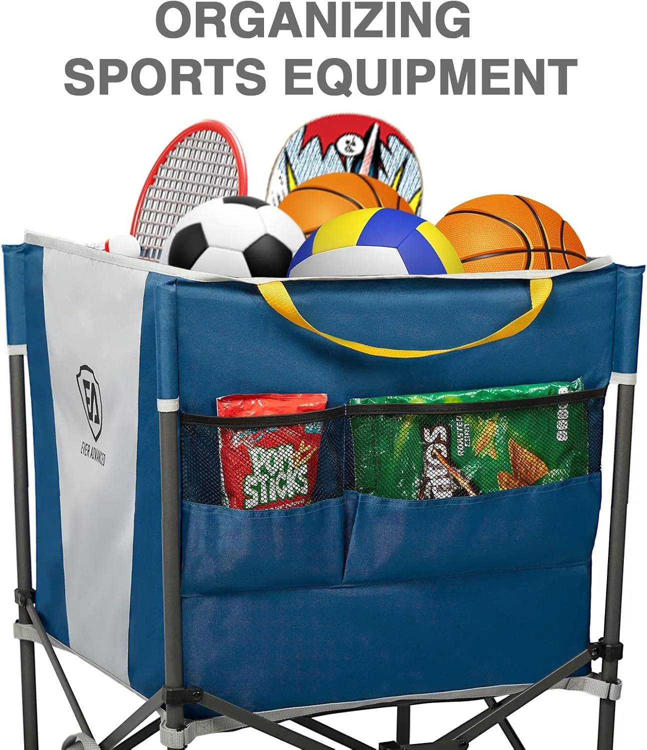 EVER ADVANCED Rolling Ball Storage Cart with Lockable Wheels, 33 x 22.8in Collapsible Garage Sports Equipment Organizer for Volleyball Basketball Tennis Toy Storage Multi-Sport Family Gym