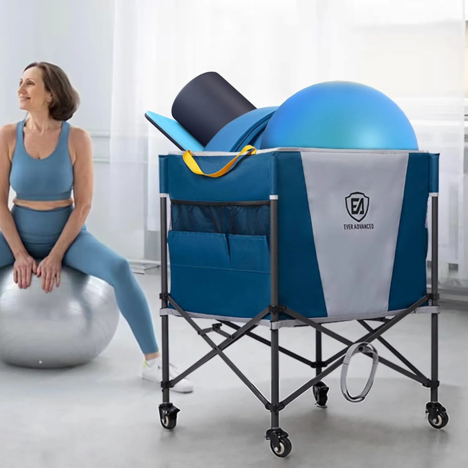 EVER ADVANCED Rolling Ball Storage Cart with Lockable Wheels, 33 x 22.8in Collapsible Garage Sports Equipment Organizer for Volleyball Basketball Tennis Toy Storage Multi-Sport Family Gym