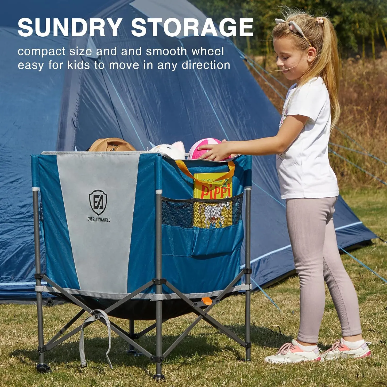 EVER ADVANCED Rolling Ball Storage Cart with Lockable Wheels, 33 x 22.8in Collapsible Garage Sports Equipment Organizer for Volleyball Basketball Tennis Toy Storage Multi-Sport Family Gym