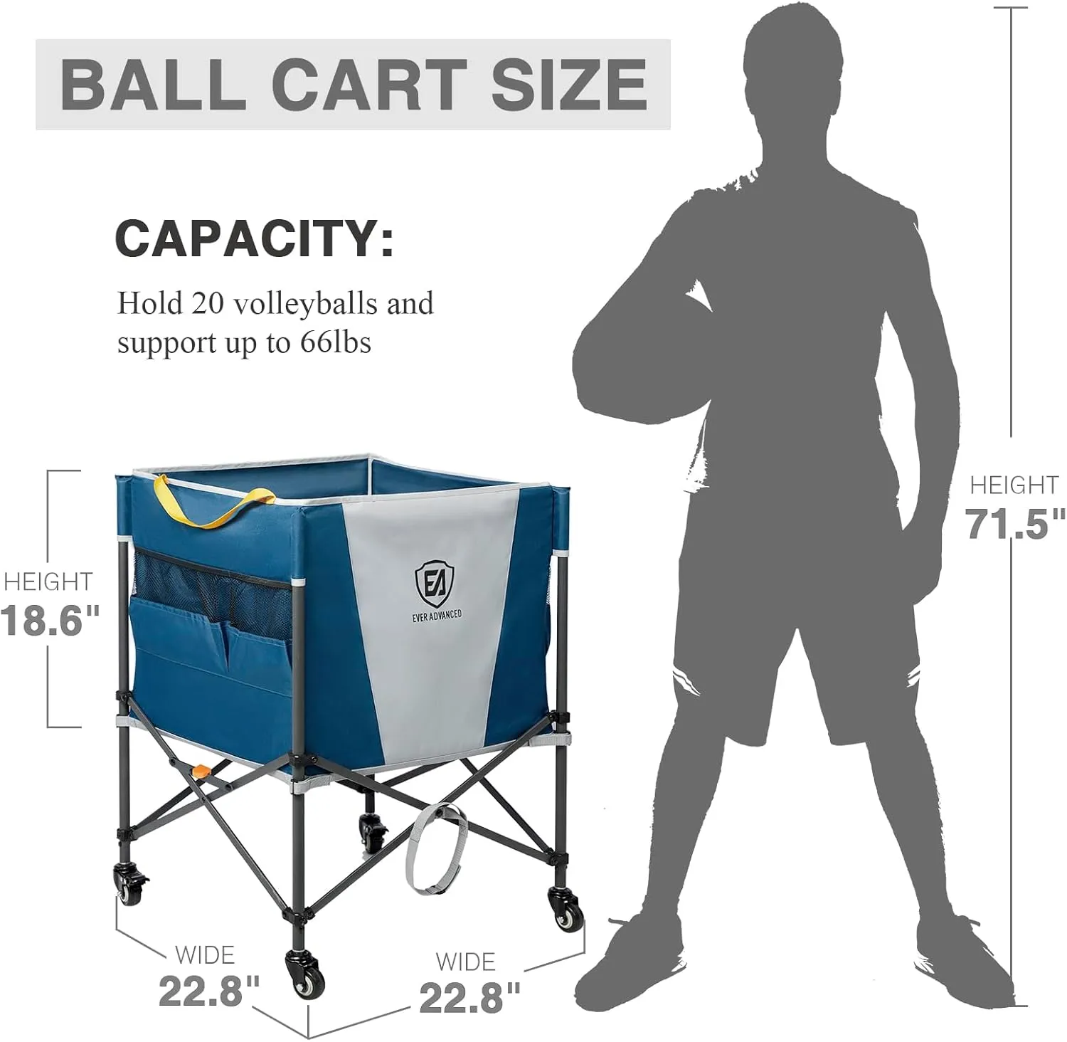 EVER ADVANCED Rolling Ball Storage Cart with Lockable Wheels, 33 x 22.8in Collapsible Garage Sports Equipment Organizer for Volleyball Basketball Tennis Toy Storage Multi-Sport Family Gym