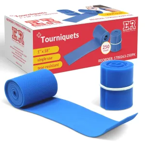 Ever Ready First Aid Disposable Tourniquets – 250 Pack, Latex-Free First Aid Nursing Supplies, 1” Wide by 18" Long Anti-Tear Single Use Tourniquets for Travel and Home Use