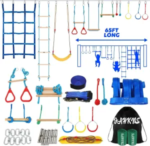 FAHKNS Ninja Warrior Obstacle Course for Kids, 65 FT Durable Slackline with 11 Obstacles-Swings, Monkey Bars, Arm Trainers and More, Weatherproof Outdoor Obstacle Course for Backyard,3  Years Old