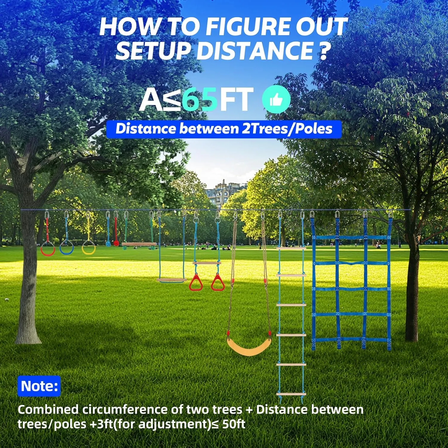 FAHKNS Ninja Warrior Obstacle Course for Kids, 65 FT Durable Slackline with 11 Obstacles-Swings, Monkey Bars, Arm Trainers and More, Weatherproof Outdoor Obstacle Course for Backyard,3  Years Old