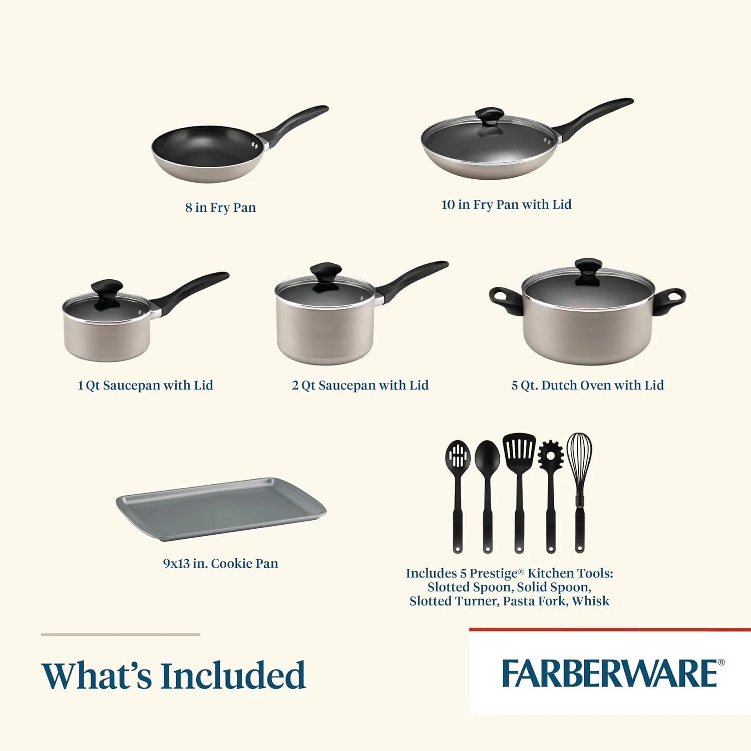 Farberware Dishwasher Safe Nonstick Cookware Pots and Pans Set, 15 Piece, Champagne