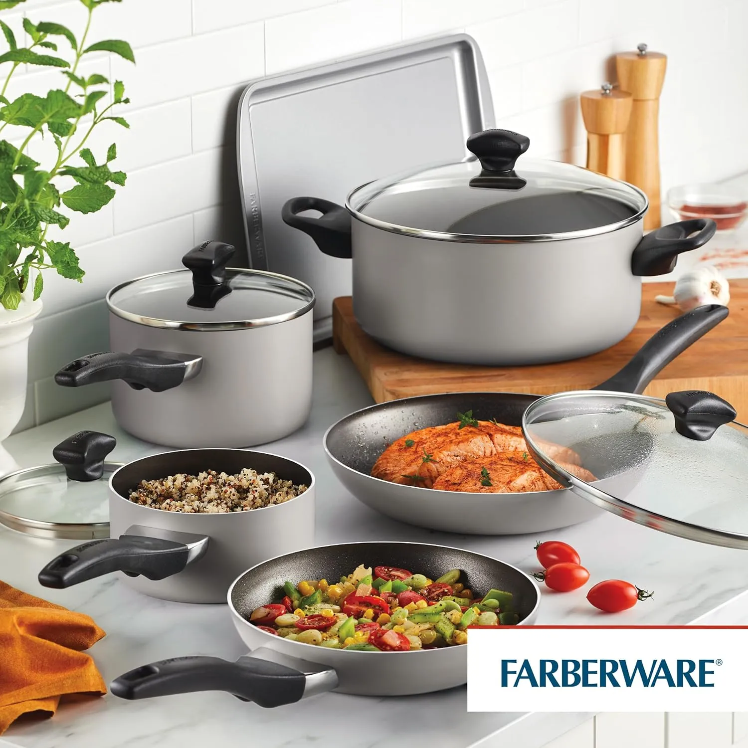 Farberware Dishwasher Safe Nonstick Cookware Pots and Pans Set, 15 Piece, Champagne