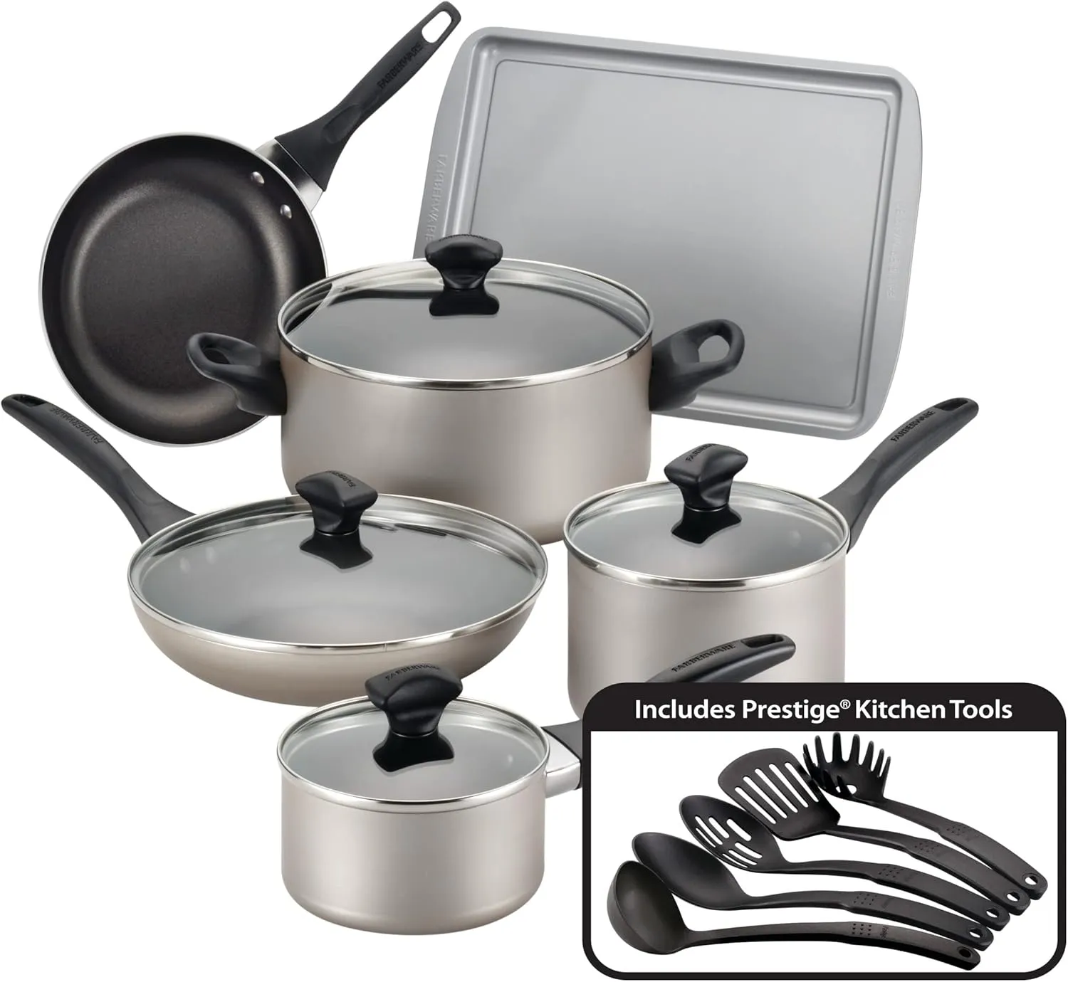 Farberware Dishwasher Safe Nonstick Cookware Pots and Pans Set, 15 Piece, Champagne