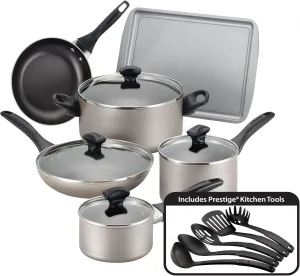 Farberware Dishwasher Safe Nonstick Cookware Pots and Pans Set, 15 Piece, Champagne