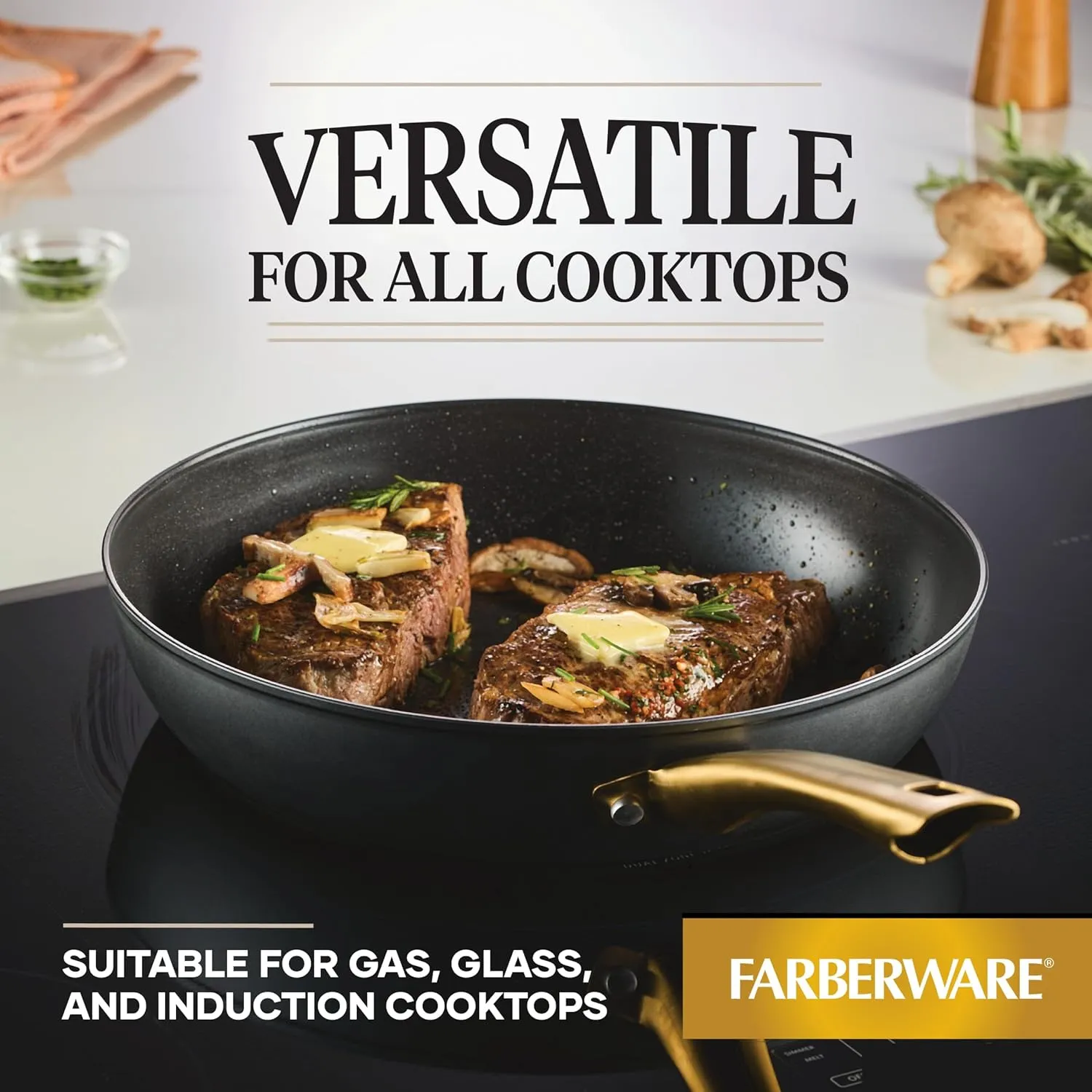 Farberware Forged Induction Ceramic Cookware Nonstick Frying Pan/Skillet, Dishwasher Safe, Suitable for All Stovetops, 12.25 Inch Fry Pan - Black and Gold