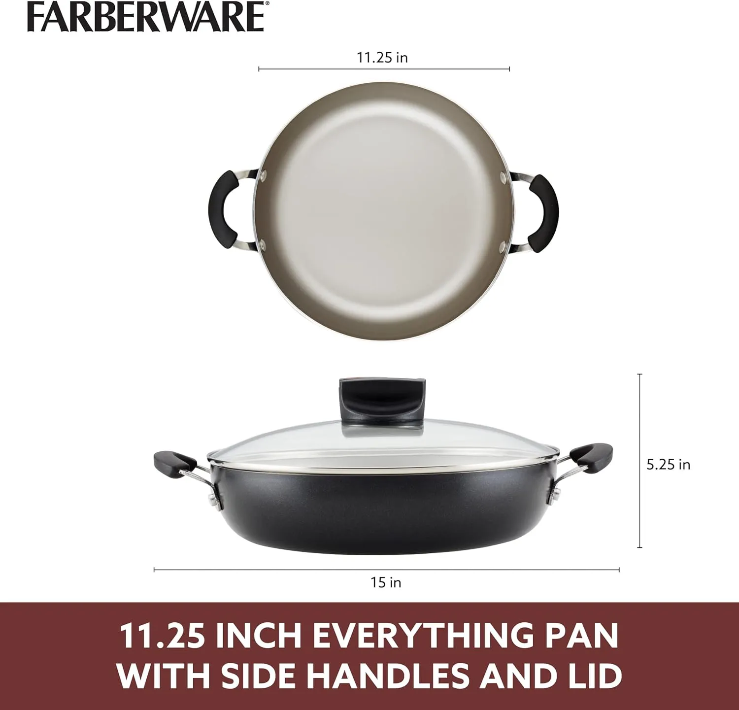 Farberware Smart Control Nonstick Frying/Skillet/Everything Pan with Lid and Side Handles, 11.25 Inch, Black